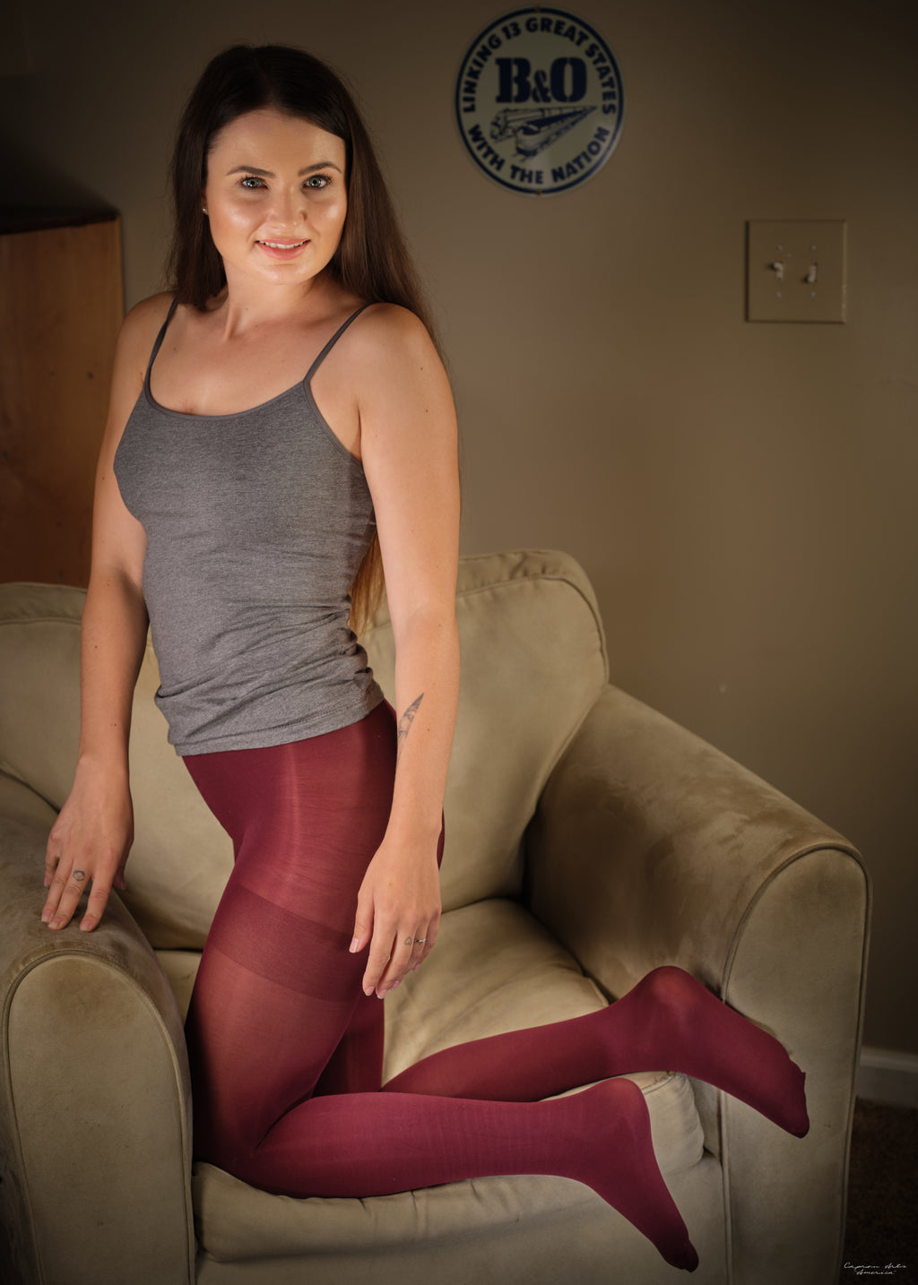 Celeste's Maroon Pantyhose and grey tank top from the 'Celeste in Kastanove' Session
